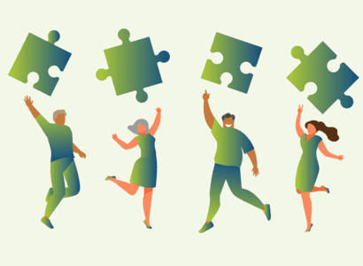 Vier geïllustreerde mensen maken springende beweging en gooien puzzelstuk omhoog