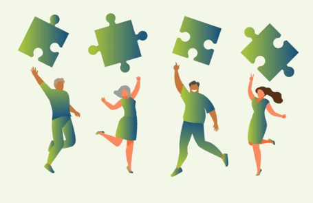 Vier geïllustreerde mensen maken springende beweging en gooien puzzelstuk omhoog