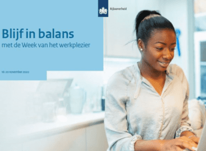 persoon achter laptop die naar scherm kijkt. Links daarvan de tekst: blijf in balans met de week va het werkplezier, 16-20 november 2020