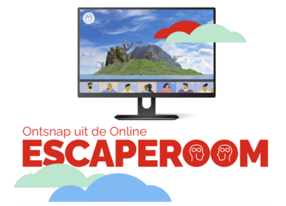 ontsnap uit de online escaperoom, met daarnaast afbeelding van een beeldscherm