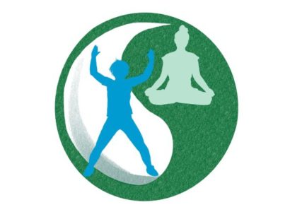 yin en yang symbool, daarin illustraties van een sportende persoon en een persoon in yogahouding
