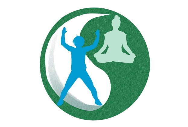 yin en yang symbool, daarin illustraties van een sportende persoon en een persoon in yogahouding
