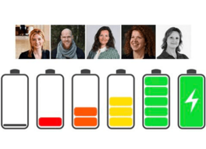 illustratie van batterij die oplaadt, met daarboven 5 foto’s van trainers van Mindful Rijk