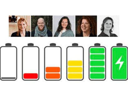 illustratie van batterij die oplaadt, met daarboven 5 foto’s van trainers van Mindful Rijk